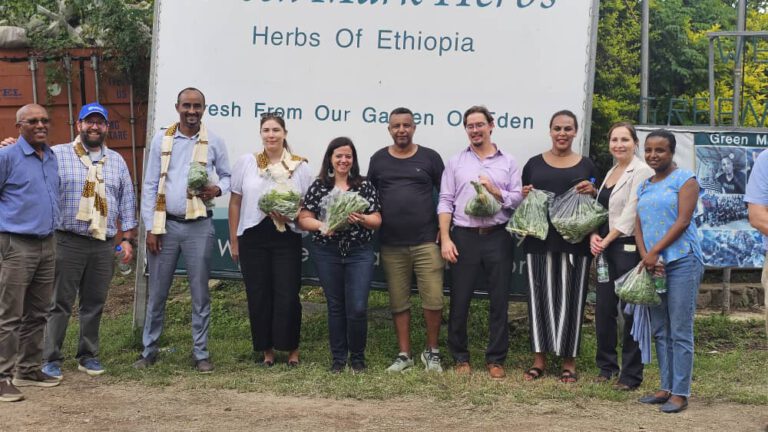 Staff and visitors holding bunches of fresh herbs in front of the Green Mark Herbs farm sign